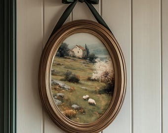 Spring Easter Wall Art Countryside Landscape, Sheep Meadow Farmhouse Scene, Soft Neutral Rustic Digital Download