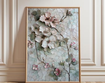 Mosaic Wall Art Print, Pink Floral Digital Download, Elegant Pastel Flower Home Decor