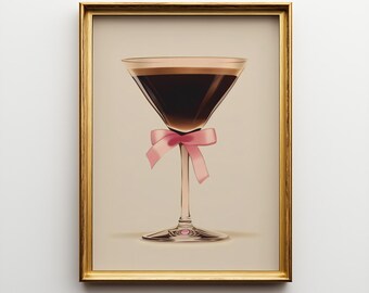 Espresso Martini Wall Art – Modern Bar Print with Pink Ribbon, Chic Cocktail Digital Download