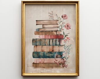 Arte de pared con temática de libros / Lámina vintage de libros apilados / Decoración floral para sala de lectura