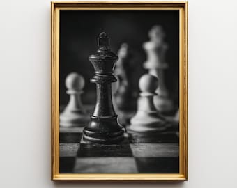 Black and White Chess Photography Print – Minimalist Game Room Decor (Digital Download)
