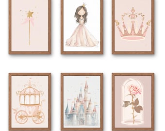Princess Wall Art Bundle, Fairytale Nursery Wall Art Set, Pink Pastel Princess Prints for Girls Room