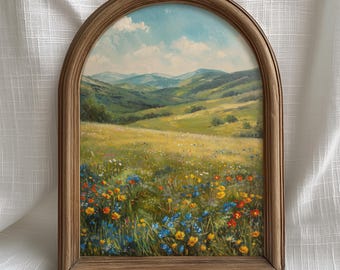 Vintage Wall Art Landscape, Green Meadow Flower Field, Colorful Wildflower Hills, Rustic Countryside Painting