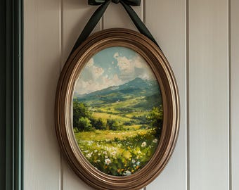 Vintage Wall Art Green Valley Landscape, Blue Sky Mountain Meadow Print, Floral Field Rustic Farmhouse Decor Download