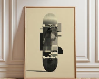 May include: A framed print featuring a skateboard with a geometric design in shades of gray and black. The skateboard is centered against a beige background, with a shadow cast on the wooden floor. The artwork is in a wooden frame.