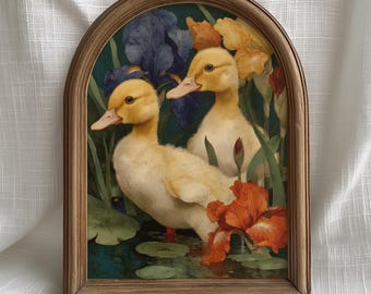 Spring Easter Wall Art Vintage Ducklings, Yellow Goslings Floral Illustration, Cottage Style Digital Download