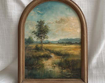 Vintage Wall Art Blue Sky Meadow Landscape, Green Tree Pond Painting Printable, Rustic Nature Farmhouse Decor Download