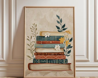 Bookish Wall Art, Vintage Book Stack Print, Cozy Literary Home Decor
