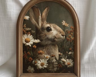 Spring Easter Wall Art Easter Bunny with Daisies, Vintage Rabbit Floral Illustration Digital Download