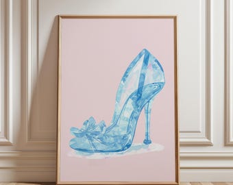 Stampa artistica di scarpe di vetro blu, stampa da parete per cameretta dei bambini con principessa, poster da favola per la cameretta dei bambini