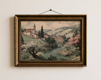 Spring Easter Wall Art Pastel Village Landscape, Soft Green Countryside River Scene Digital Download
