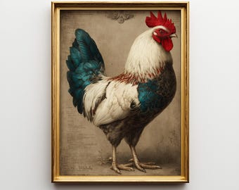Kitchen Wall Art Printable, Vintage White Rooster with Teal Blue Feathers, Rustic Farmhouse Kitchen Decor