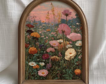 Spring Easter Wall Art Pink Wildflower Meadow, Vintage Floral Landscape, Soft Pastel Digital Download