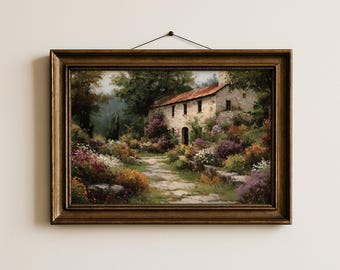 Spring Easter Wall Art Cottage Garden, Floral Country House Painting, Soft Green Rustic Landscape Digital Download