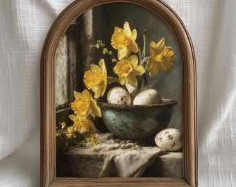 Spring Easter Wall Art with Yellow Daffodils, Farmhouse Floral Still Life, Rustic Window Printable