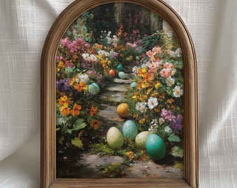 Spring Easter Wall Art Colorful Garden Path, Floral Easter Egg Hunt Scene, Romantic Spring Digital Download