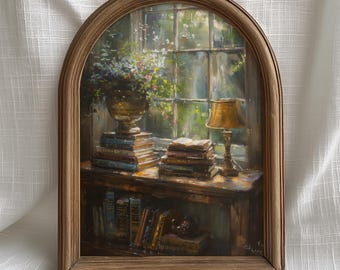 Bookish Wall Art Green Vintage Library Print, Sunlit Books and Flowers Artwork, Cozy Reading Room Digital Download