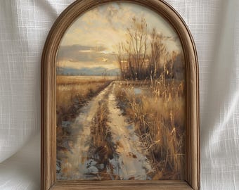 Vintage Wall Art Landscape, Neutral Beige Countryside Painting, Rustic Field Path Print, Golden Nature Artwork