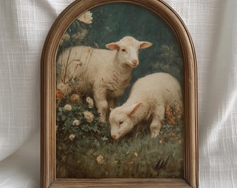 Spring Easter Wall Art Lambs in Meadow, Soft Pastel Countryside Animals, Rustic Farm Digital Download