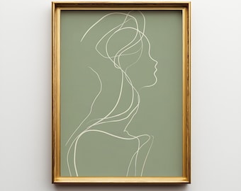 Sage Green Wall Art | Minimalist Line Drawing Woman Digital Print for Modern Home Decor
