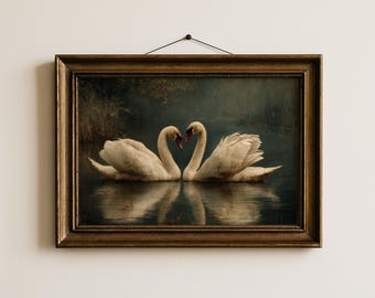 Valentines Wall Art Print, Romantic Swans on Lake Artwork, Elegant Neutral Vintage Digital Download