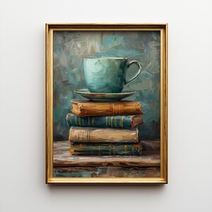 Bokliknande väggkonst blågrön kaffe- och böckertryck, vintage litterärt stillebenkonstverk, mysig läsardekor digital nedladdning