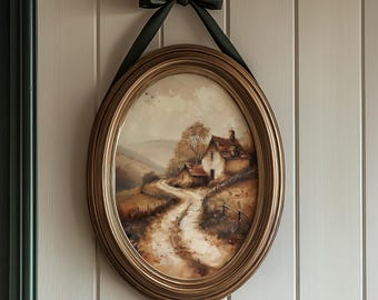 Vintage Wall Art Beige Rustic Cottage Landscape, Soft Brown Countryside House Print, Farmhouse Neutral Decor Download