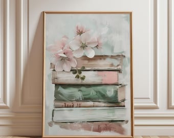 Arte de pared de libros / Estampado floral de libros pastel / Decoración de lectura romántica y suave