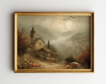 Halloween Wall Art Printable, Spooky Village Landscape, Vintage Autumn Digital Download