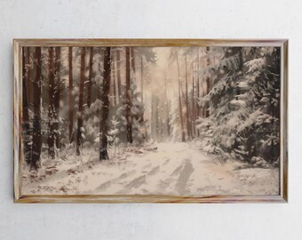May include: A framed winter forest scene. The artwork depicts a snow-covered path winding through a forest of tall, snow-laden trees. The color palette is muted, with shades of brown, white, and gray, creating a serene and peaceful atmosphere.