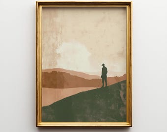 Cuadro de golf en tonos beige / Silueta minimalista de golfista, impresión digital para decoración moderna del hogar