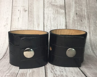 Upcycled Gator Stamped Black Leather Shawl Cuff