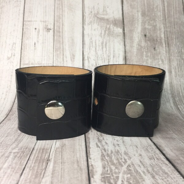 Upcycled Gator Stamped Black Leather Shawl Cuff