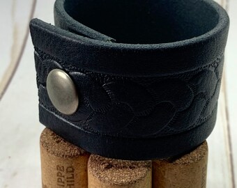 Upcycled Braid Stamped Black Leather Shawl Cuff