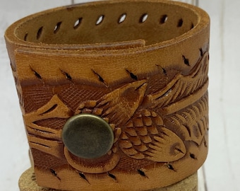 Upcycled Acorn Tooled Leather Shawl Cuff