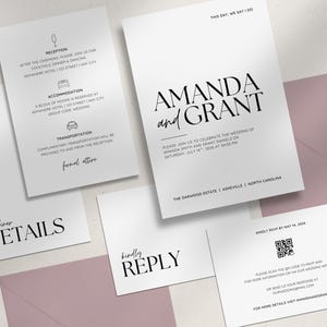 Minimale huwelijksuitnodiging, details en RSVP-kaart - canvas sjabloon huwelijksuitnodiging - digitale download - bruiloft briefpapier - zachte belofte