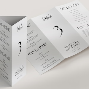 Minimale bruiloft tabelnummer - Canva menusjabloon - 3-in-1 bruiloft menustandaard - driehoek tabelnummer sjabloon - tijdlijn - zachte belofte