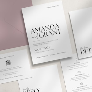 Minimale huwelijksuitnodiging, details en RSVP-kaart - canvas sjabloon huwelijksuitnodiging - digitale download - bruiloft briefpapier - zachte belofte
