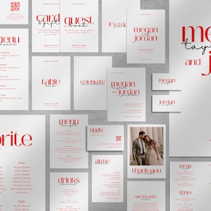 Modern Red Wedding Day Stationery Bundle - Elegant Wedding Bundle Canva Template - Minimalist Wedding Suite - Lettered Lovers