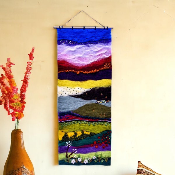 Felted Tapestry Wall Hanging, Embroidered Wall Art Vertical, Landscape Embroidery Art, Textile Wall Hangings, Colorful Fabric Art Felt Decor