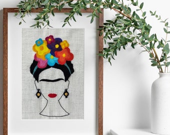 Handgemaakte Frida Kahlo portret viltkunst, wolschilderen, naaldvilten, bloemenaccenten, feministisch geschenk, milieuvriendelijk, uniek wanddecor