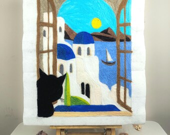 Matisse Open Window with Black Cat, Santorini Greece Painting, Greek Island Art, Coastal Summer Decor for Home, Mediterranean Wall Art