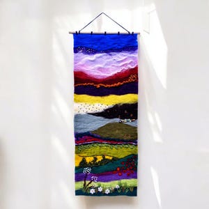 Felted Tapestry Wall Hanging, Embroidered Wall Art Vertical, Landscape Embroidery Art, Textile Wall Hangings, Colorful Fabric Art Felt Decor