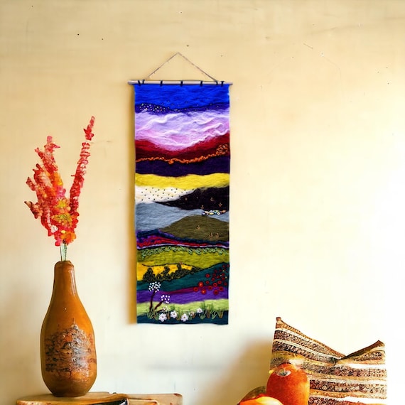 Felted Tapestry Wall Hanging, Embroidered Wall Art Vertical, Landscape Embroidery Art, Textile Wall Hangings, Colorful Fabric Art Felt Decor