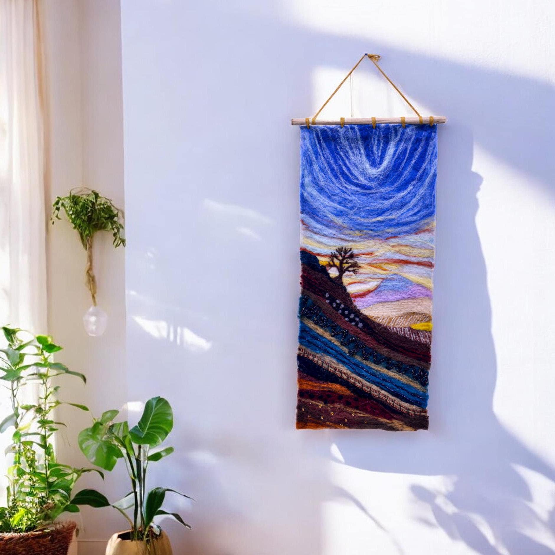 Felted Cottagecore Tapestry Wall Hanging, Vertical Landscape Painting Original Large, Farmhouse Wall Decor with Wool, Blue Sky White Clouds