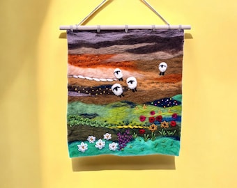 Scotland Landscape Painting with Personalised Sheep Family Custom, Scottish Highland Embroidery Wildflower Art, Felted Tapestry Wall Hanging
