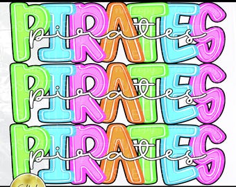 Pirates Stacked Bright Neon Preppy PNG, Trendy Bestseller Popular Spirit Team Mascot Design (Digital Download)