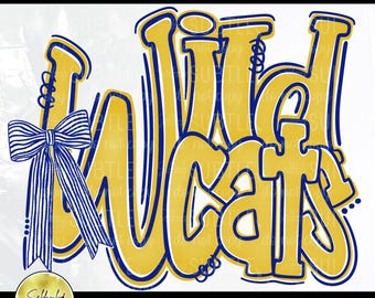 Wildcats Mascot PNG, Royal Blue Yellow Gold White School Spirit Sports Design (Digital Download)
