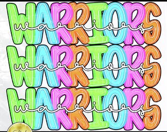 Warriors Stacked Bright Neon Preppy PNG, Trendy Bestseller Popular Spirit Team Mascot Design (Digital Download)
