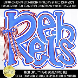 May include: A digital graphic design featuring the word Rebels in a bold blue font with red and white outlines. A red and white striped bow is attached to the left side of the letter R. The text is set against a plain white background.